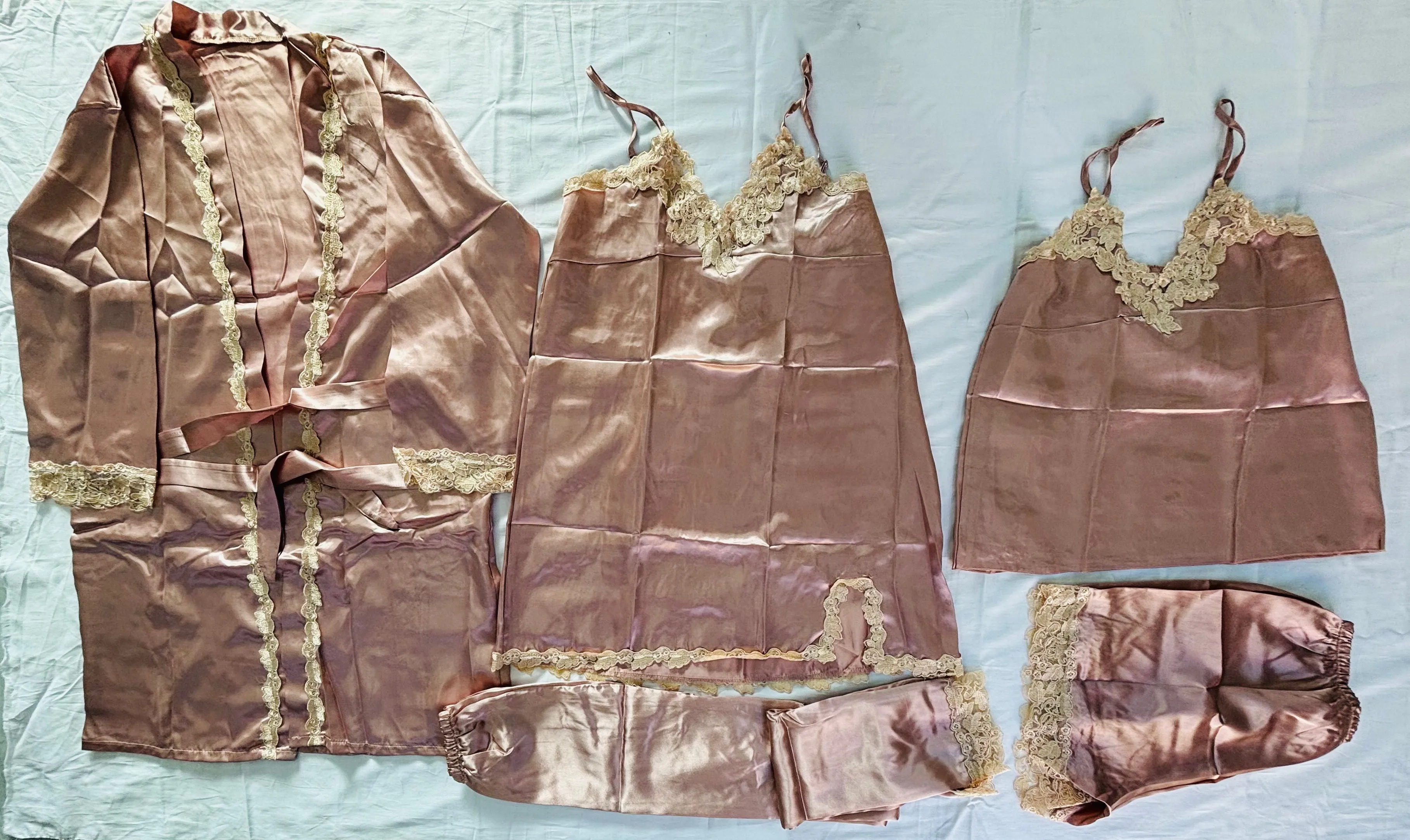 10065 - Luxurious Silk 5-Piece Sleepwear Collection for Women: Pajamas, Robe, Nightgown, Cami, Shorts