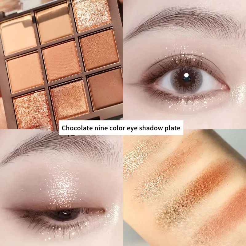 9 Colors Chocolate Eyeshadow Palette with Matte, Pearlescent, and Sequins Shades