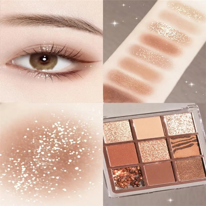 9 Colors Matte and Glitter Eyeshadow Palette with Pearlescent and Acrylic Transparent Shades