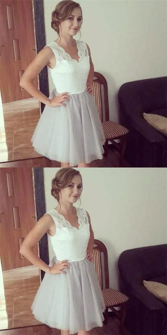 A-Line V-Neck Short Gray Tulle Cheap Homecoming Dresses with Lace, QB0055