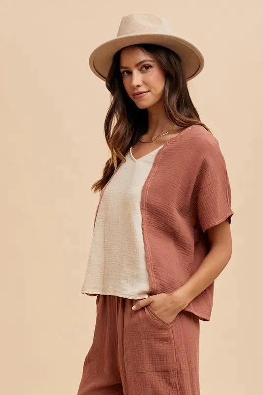 Annie Wear Color Block Cotton Gauze V-Neck Top