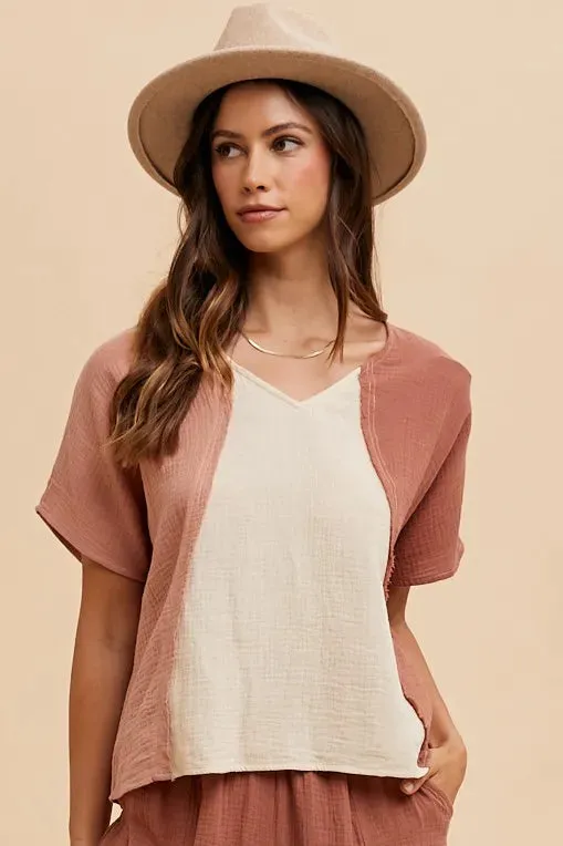 Annie Wear Color Block Cotton Gauze V-Neck Top