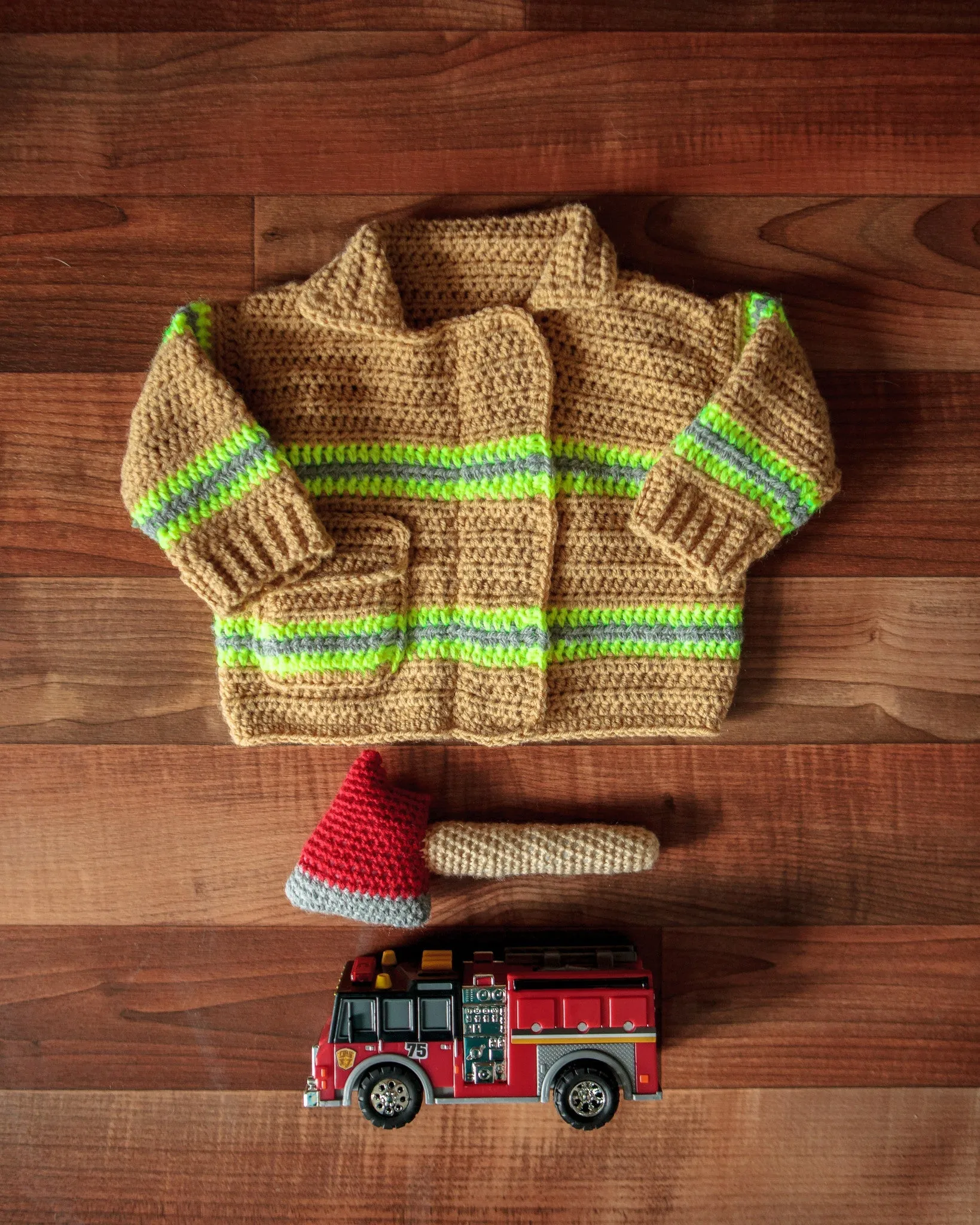 Baby Firefighter Sweater Crochet Pattern with Axe Rattle Crochet Pattern