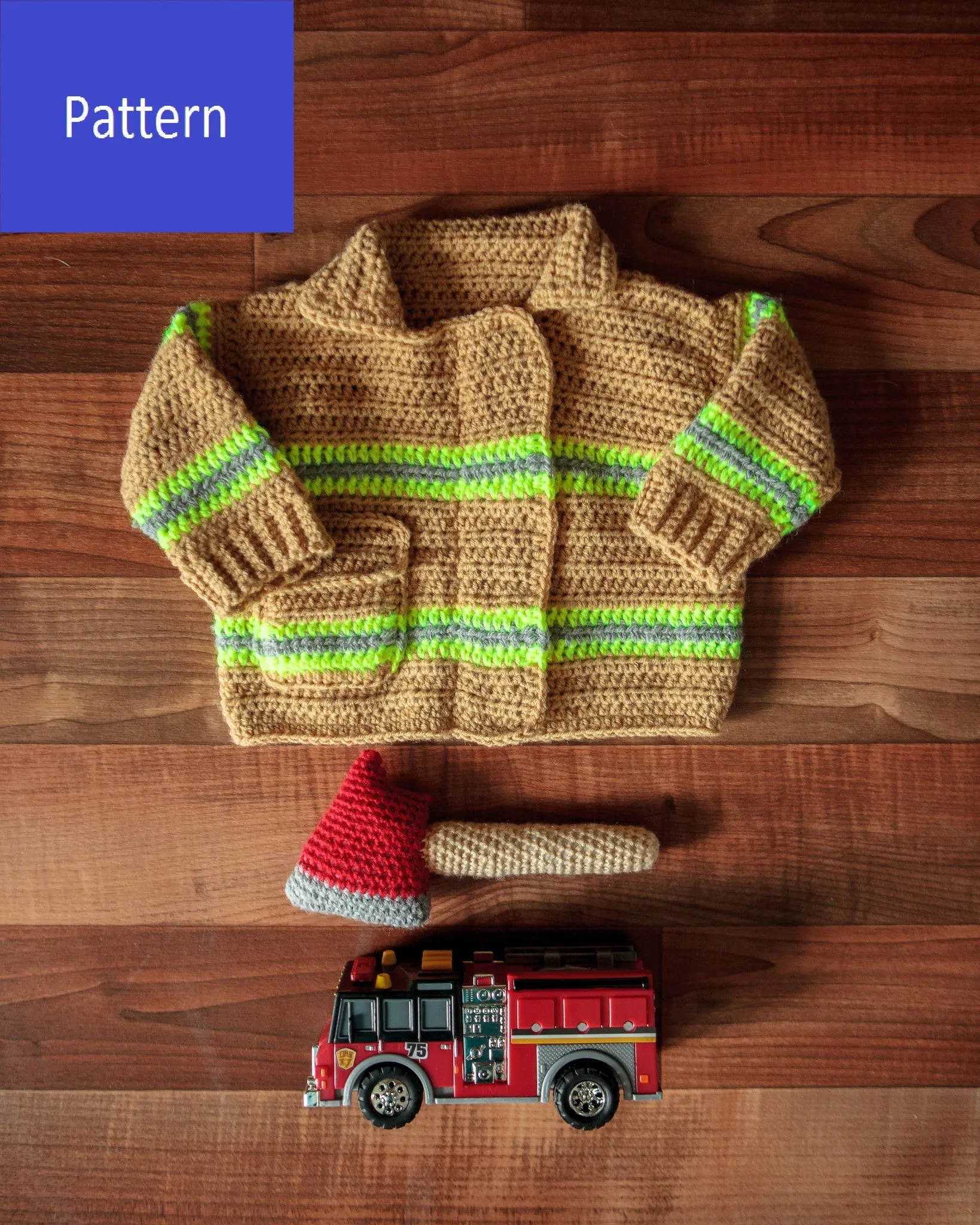 Baby Firefighter Sweater Crochet Pattern with Axe Rattle Crochet Pattern