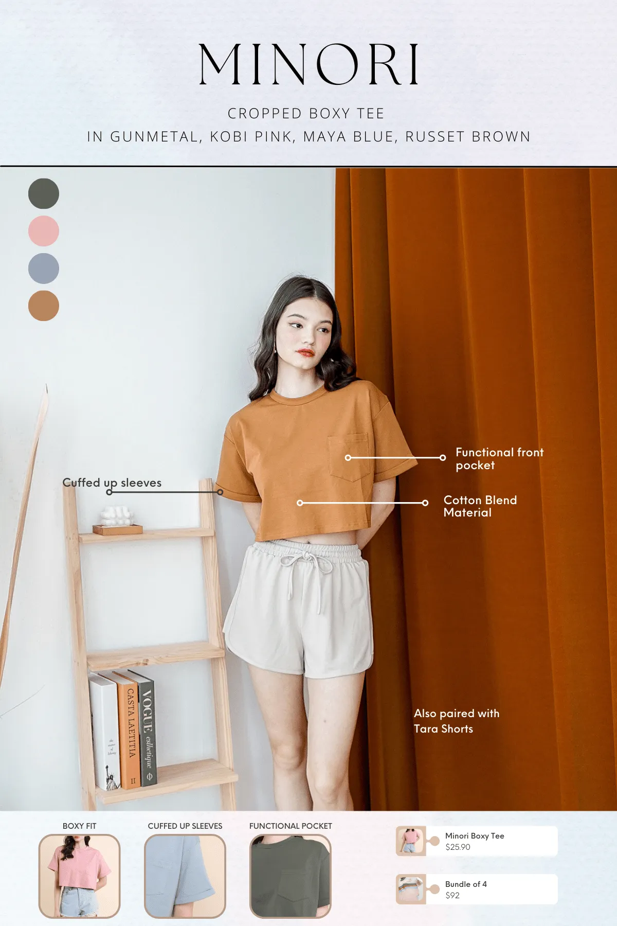 BASICS MINORI CROPPED BOXY TEE IN RUSSET BROWN