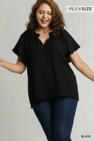 Black Split Neck Ruffle Sleeve Boxy Cut Top