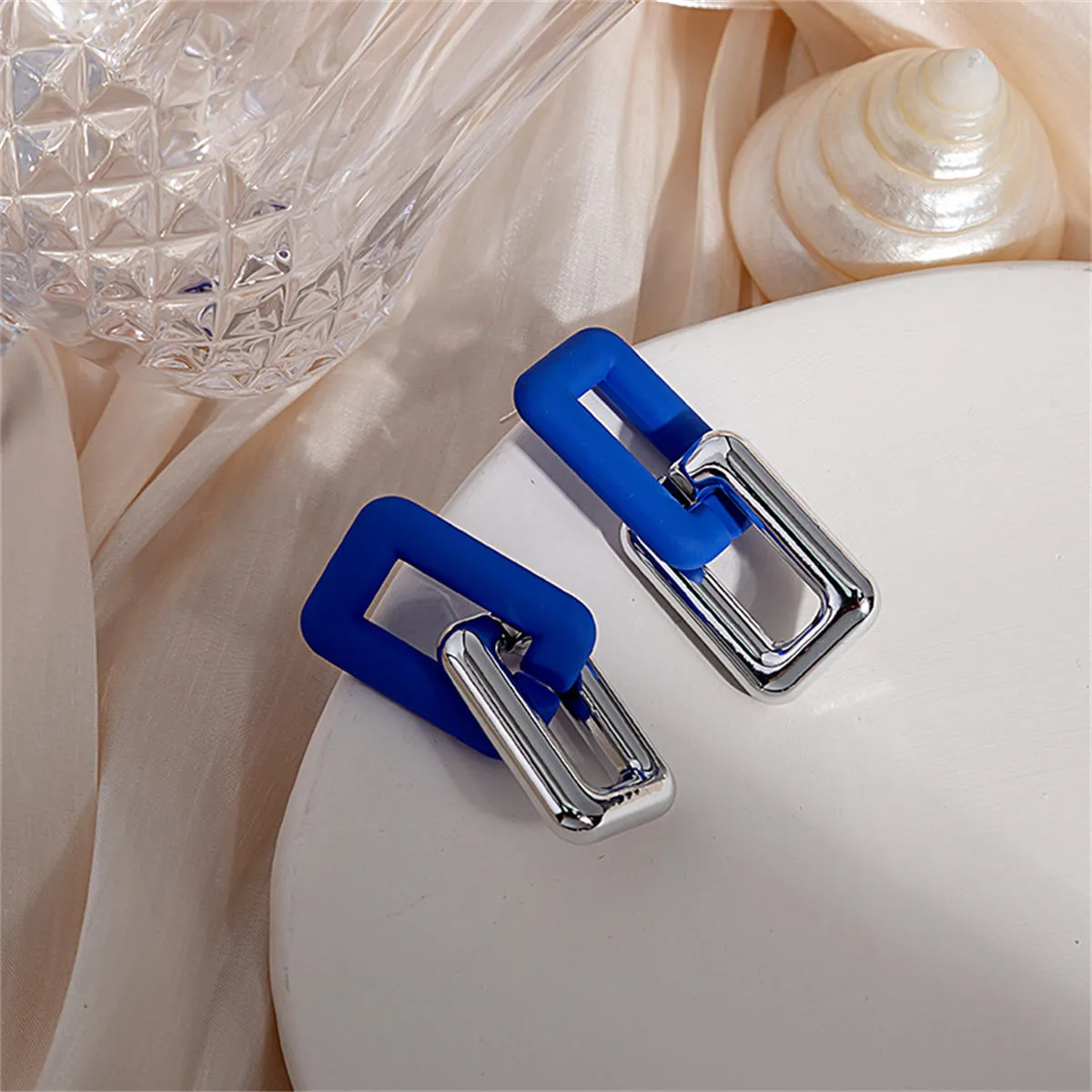 Blue Acrylic & Silver-Plated Chain Link Drop Earrings