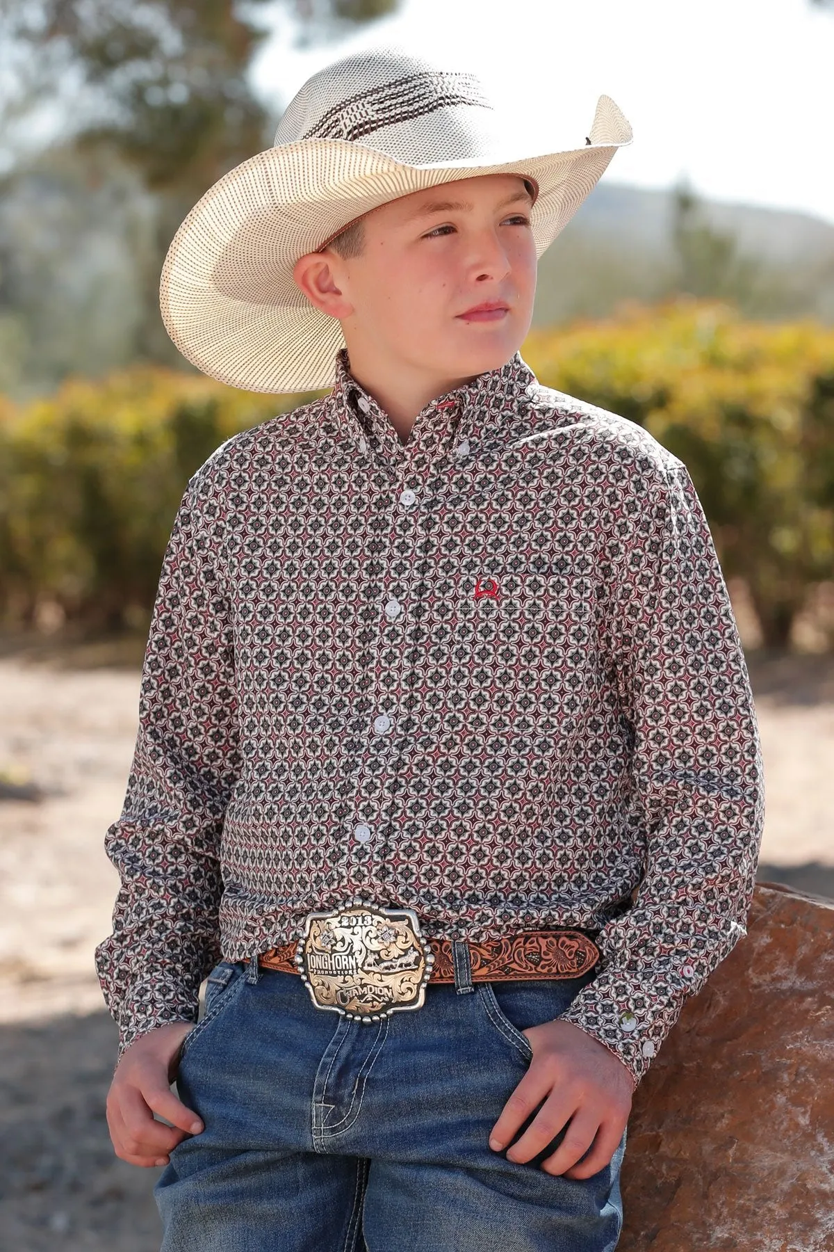 BOYS GREY PRINT L/S ARENAFLEX CINCH SHIRT