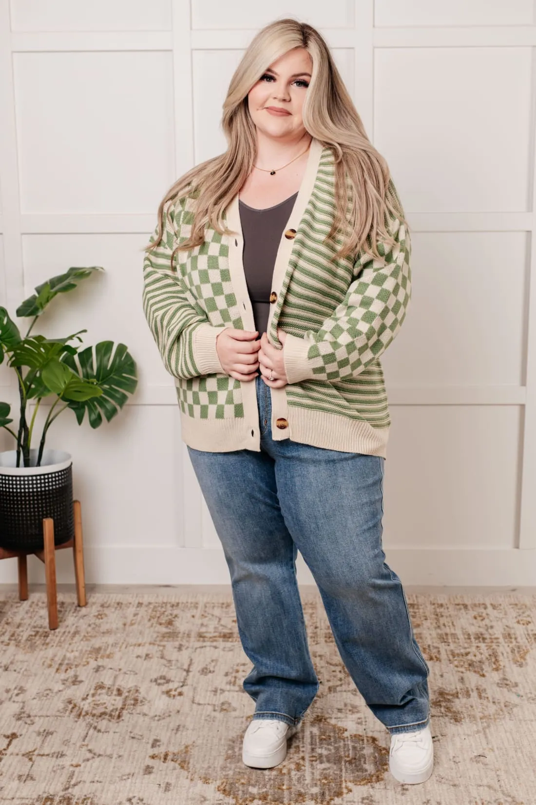 Checkered Cardigan with Stripe Accents
