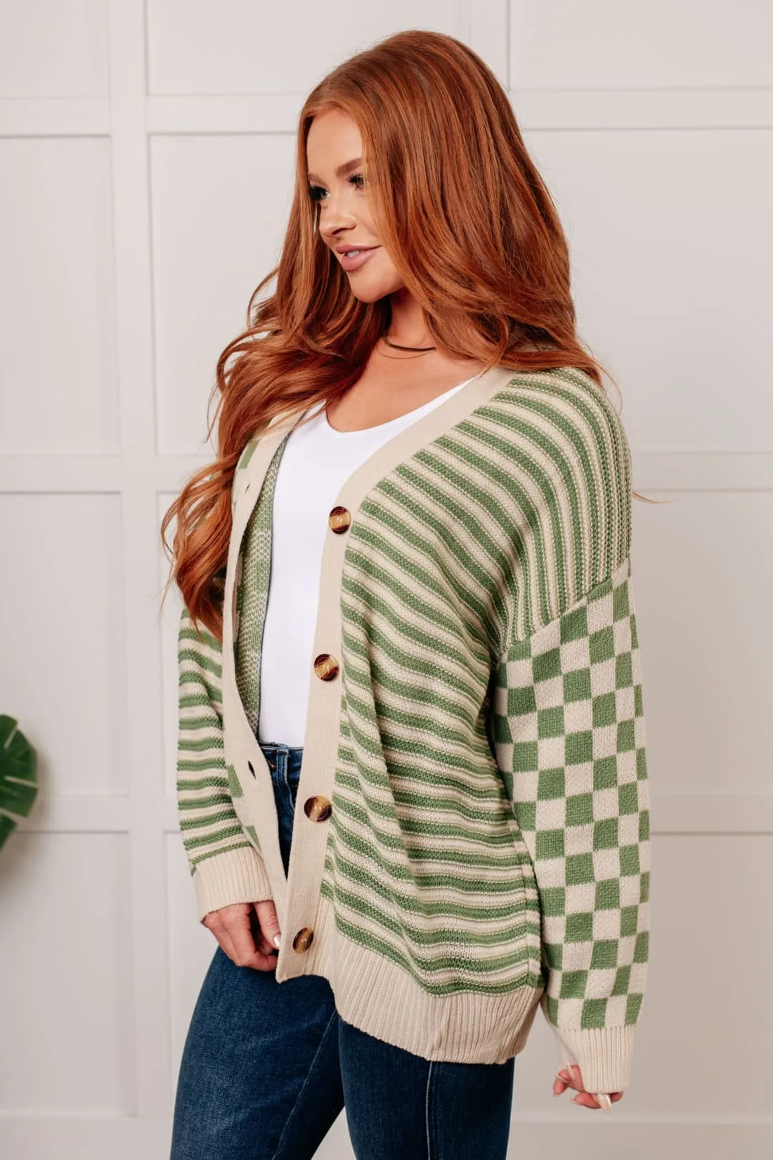 Checkered Cardigan with Stripe Accents