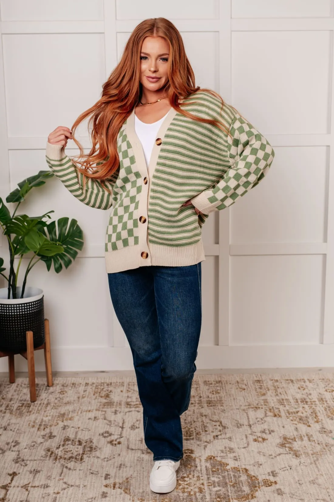 Checkered Cardigan with Stripe Accents