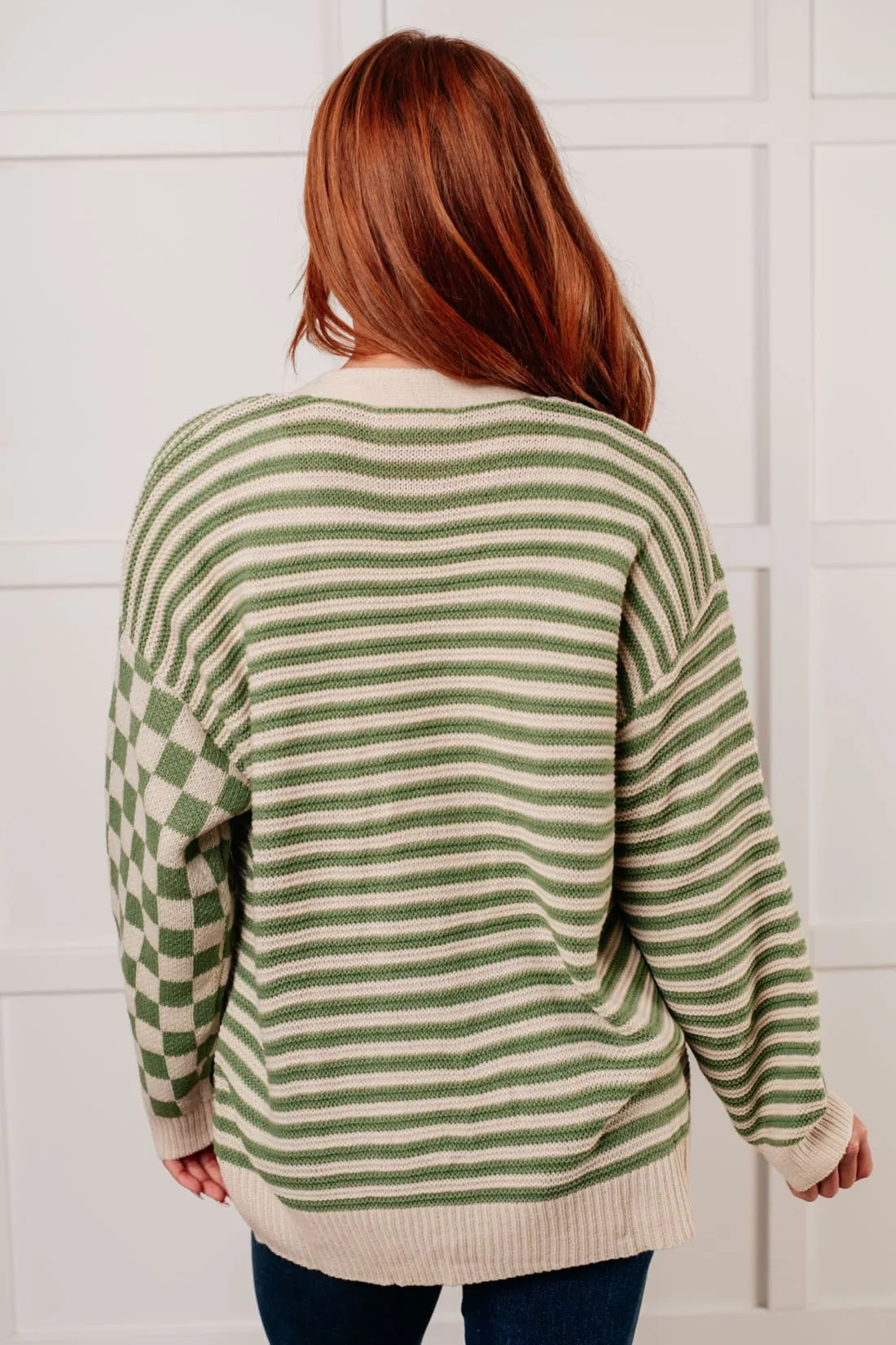Checkered Cardigan with Stripe Accents
