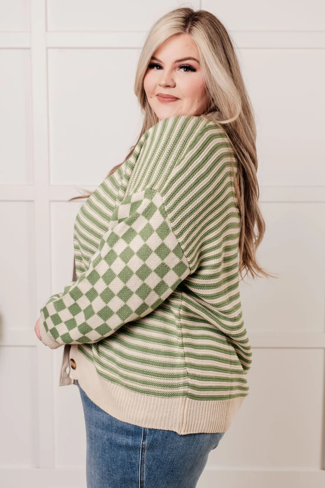 Checkered Cardigan with Stripe Accents