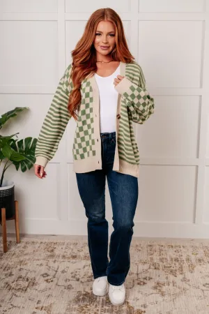 Checkered Cardigan with Stripe Accents