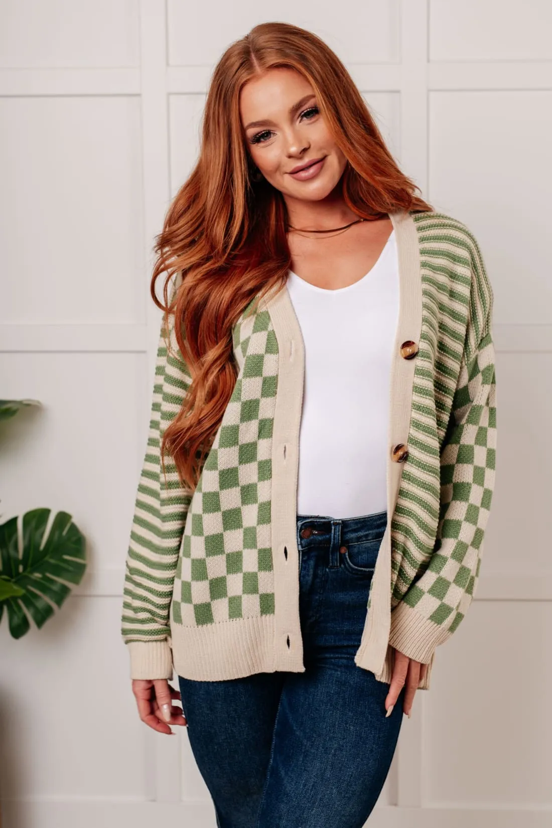 Checkered Cardigan with Stripe Accents