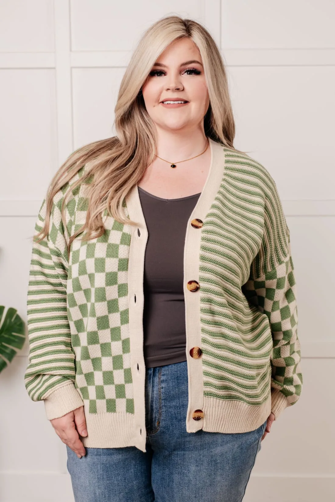 Checkered Cardigan with Stripe Accents