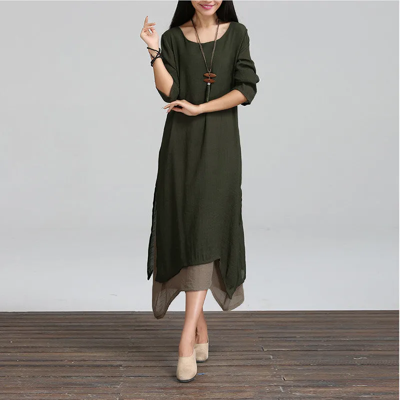 Cotton Linen Vintage Dress Women O-Neck Long Sleeve Casual Loose Boho Long Dresses Vestidos Plus Size S-5XL