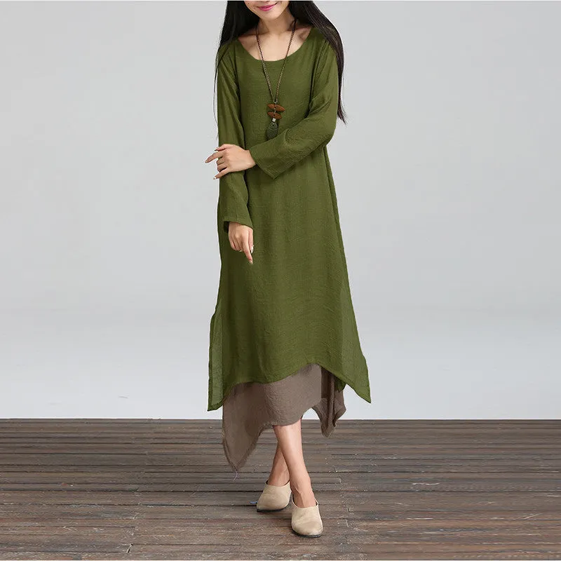 Cotton Linen Vintage Dress Women O-Neck Long Sleeve Casual Loose Boho Long Dresses Vestidos Plus Size S-5XL
