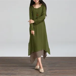Cotton Linen Vintage Dress Women O-Neck Long Sleeve Casual Loose Boho Long Dresses Vestidos Plus Size S-5XL