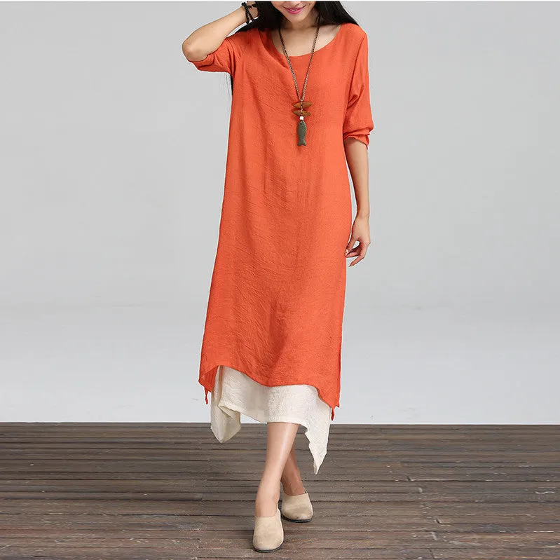Cotton Linen Vintage Dress Women O-Neck Long Sleeve Casual Loose Boho Long Dresses Vestidos Plus Size S-5XL