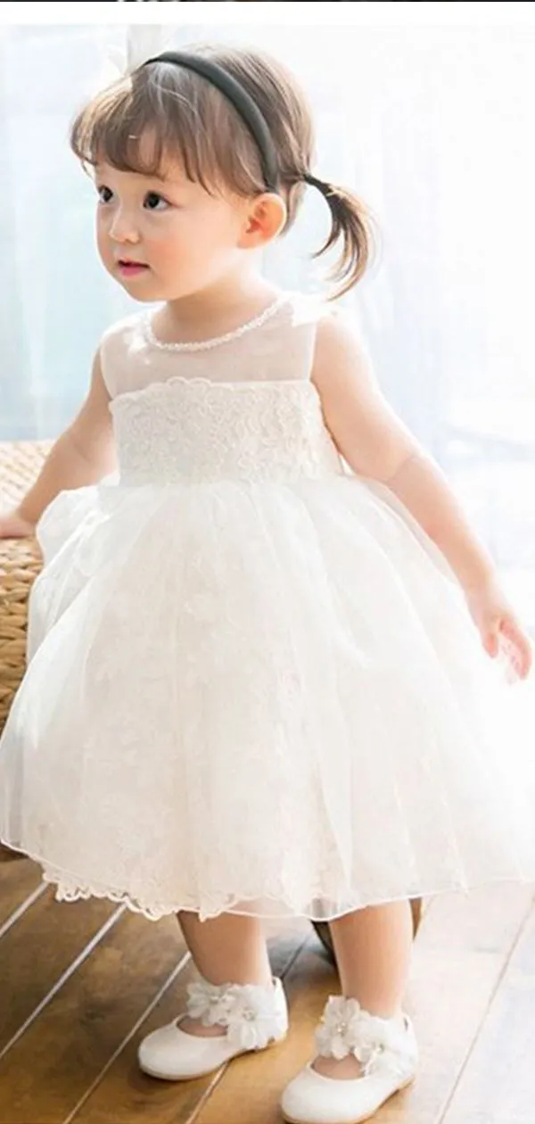 Cute White Lace Tulle A- Line Cheap Simple Long Flower Girl Dresses, FGS0040