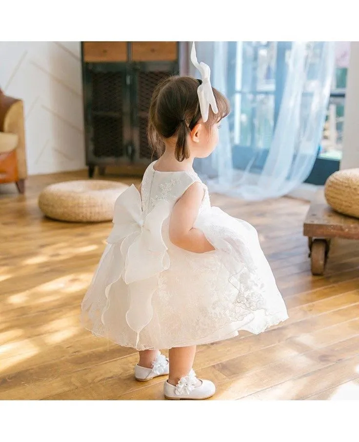 Cute White Lace Tulle A- Line Cheap Simple Long Flower Girl Dresses, FGS0040