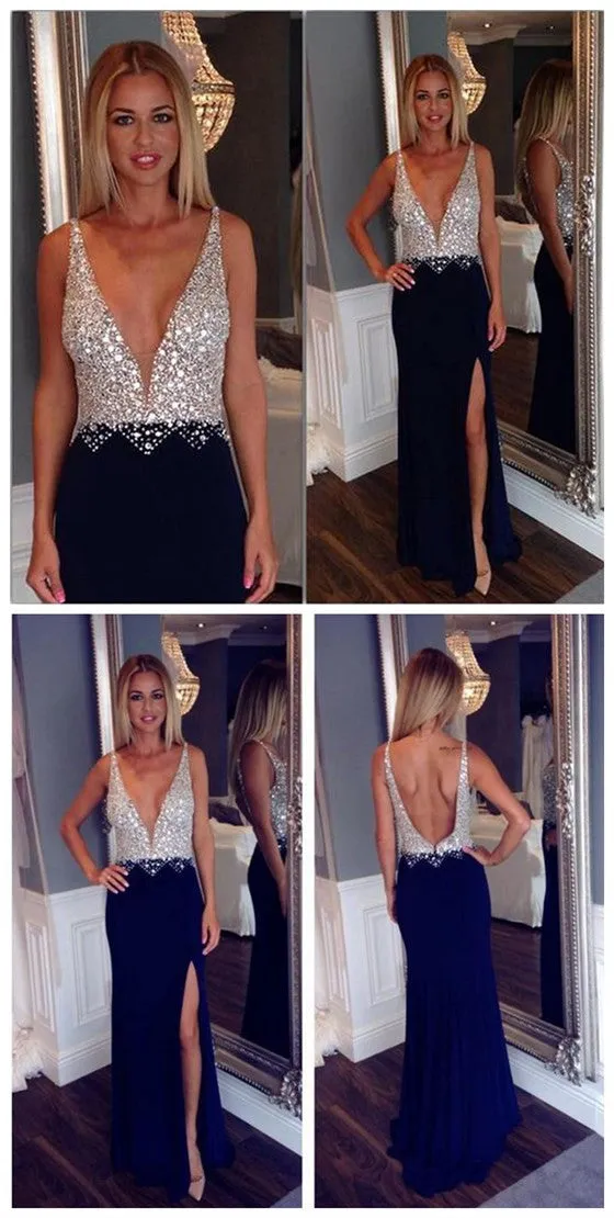 Deep V-Neck Shinning Sexy Side Slit Long Prom Dresses, BG51195