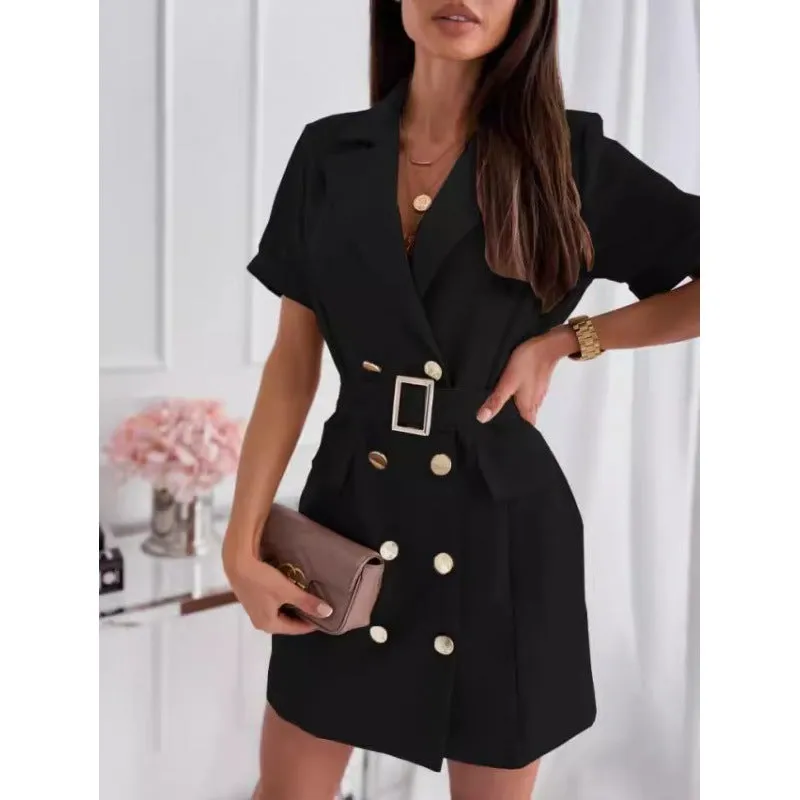 Double-breasted Short Sleeve Suit Collar Dress