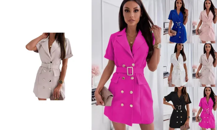 Double-breasted Short Sleeve Suit Collar Dress