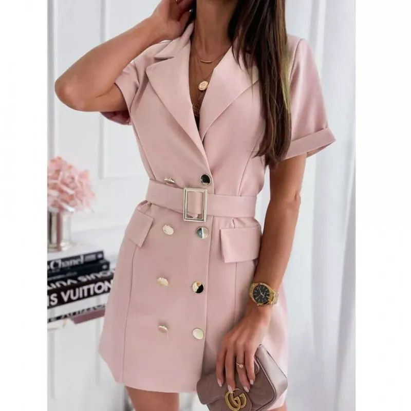 Double-breasted Short Sleeve Suit Collar Dress