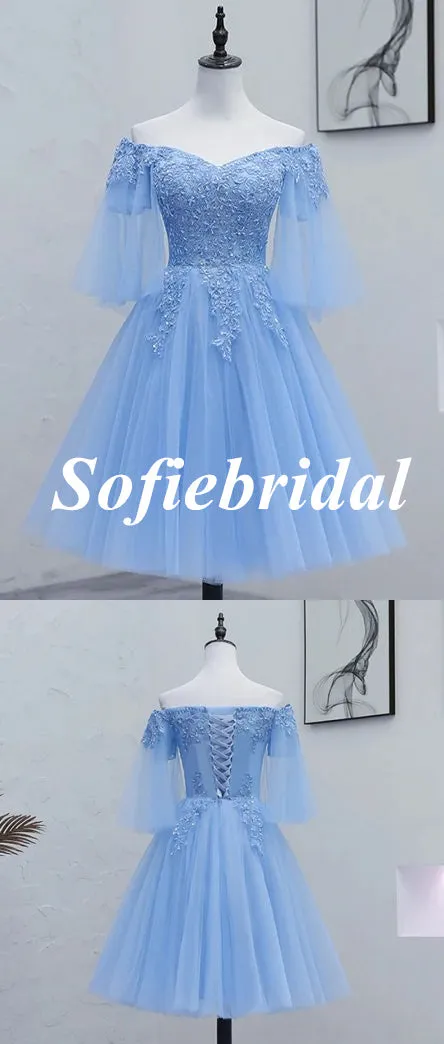 Elegant Blue Tulle And Lace Off Shoulder A-line Mini Dresses/ Homecoming Dresses, HD0318