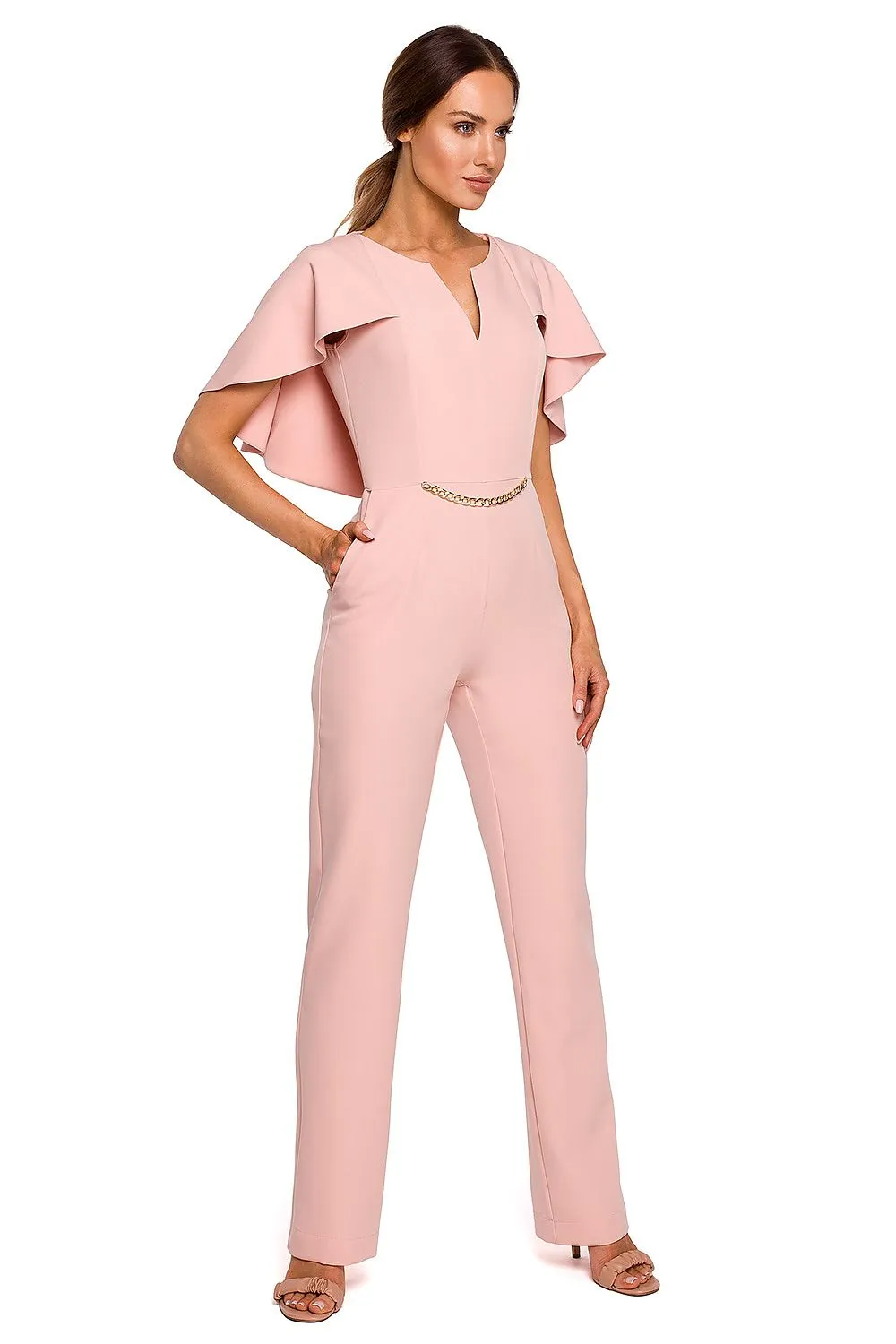 Elegant Chain Detail Cape Pantsuit