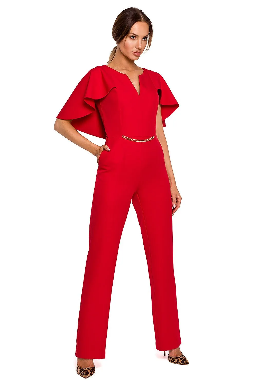Elegant Chain Detail Cape Pantsuit