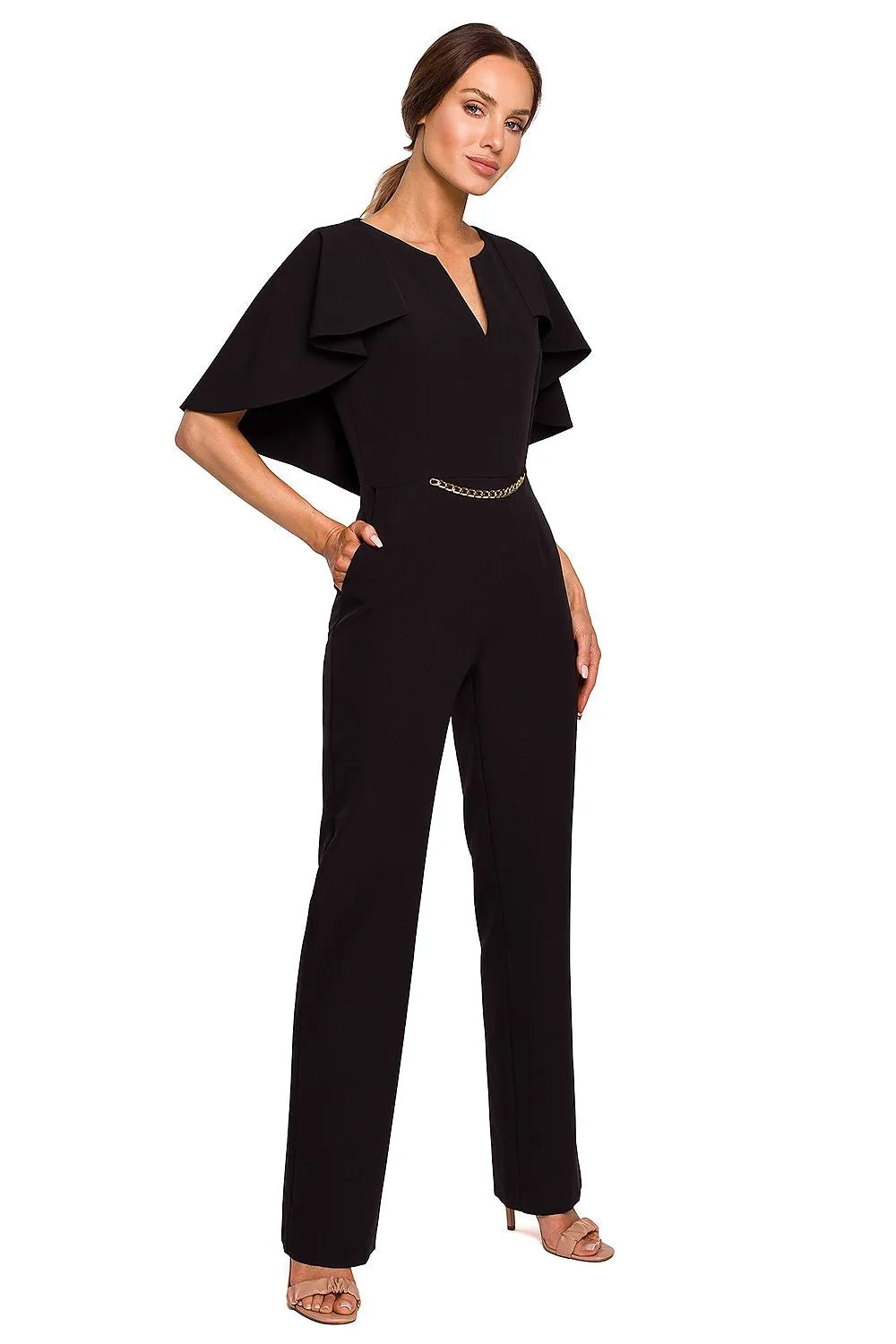 Elegant Chain Detail Cape Pantsuit