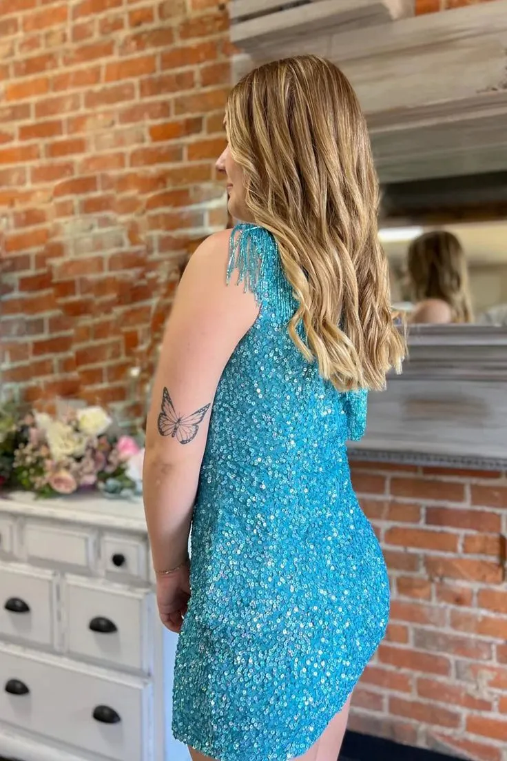 Elegant Light Blue One Shoulder Sequin Cheap Simple Short Homecoming Dresses,QB0419