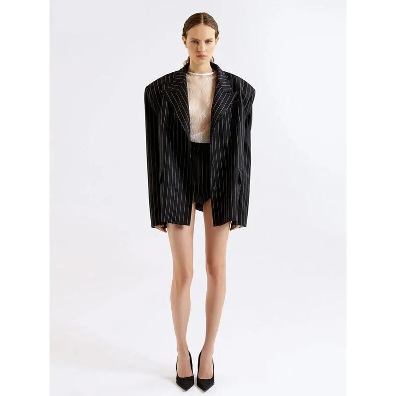 Elegant Stripe 2-Piece Set: Long Sleeve Blazer & High Waist Shorts