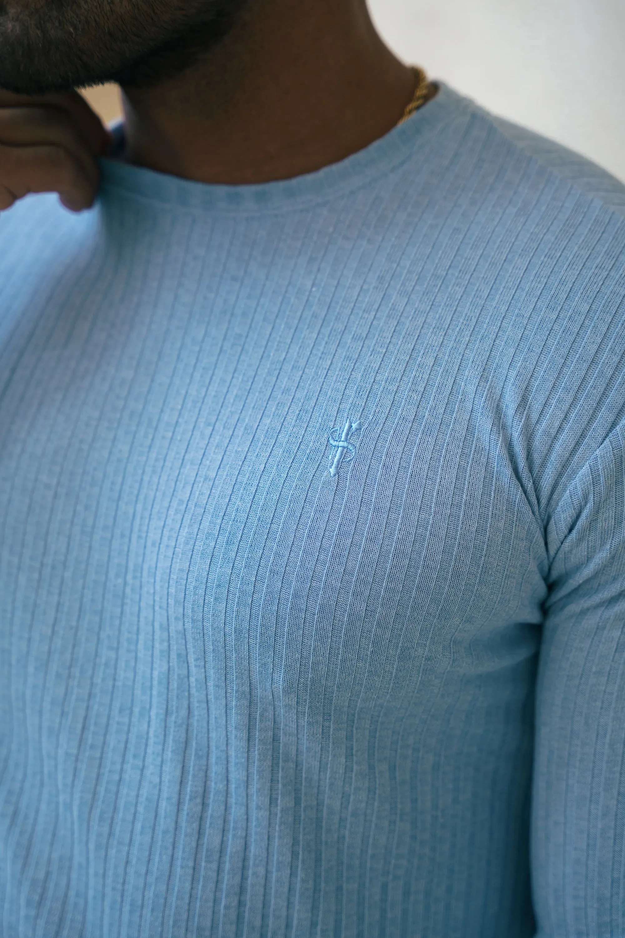 Father Sons Classic Light Blue Ribbed Knit Jumper With Tonal Embroidery - FSH1286
