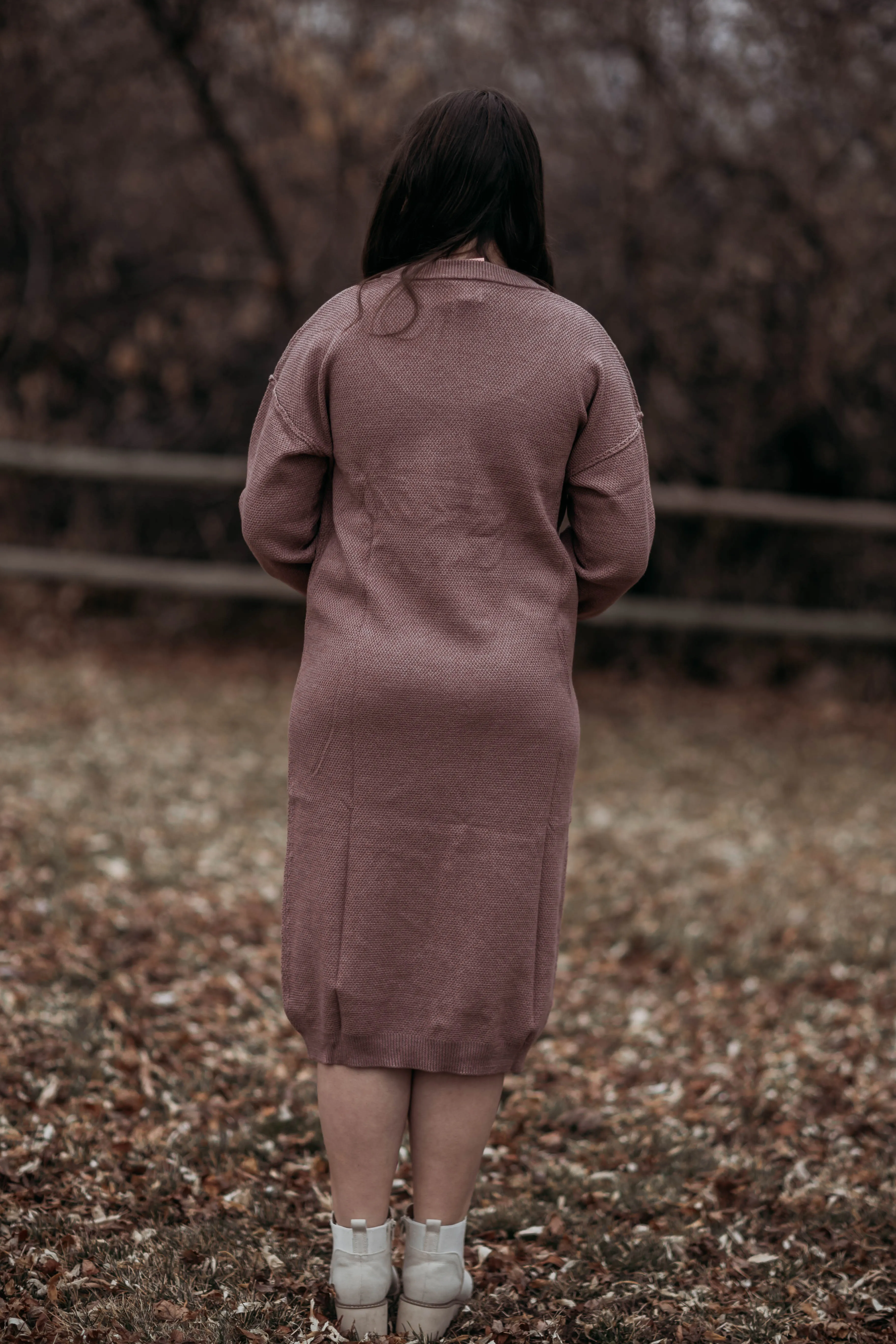 Fawn sweater dress--purple brown