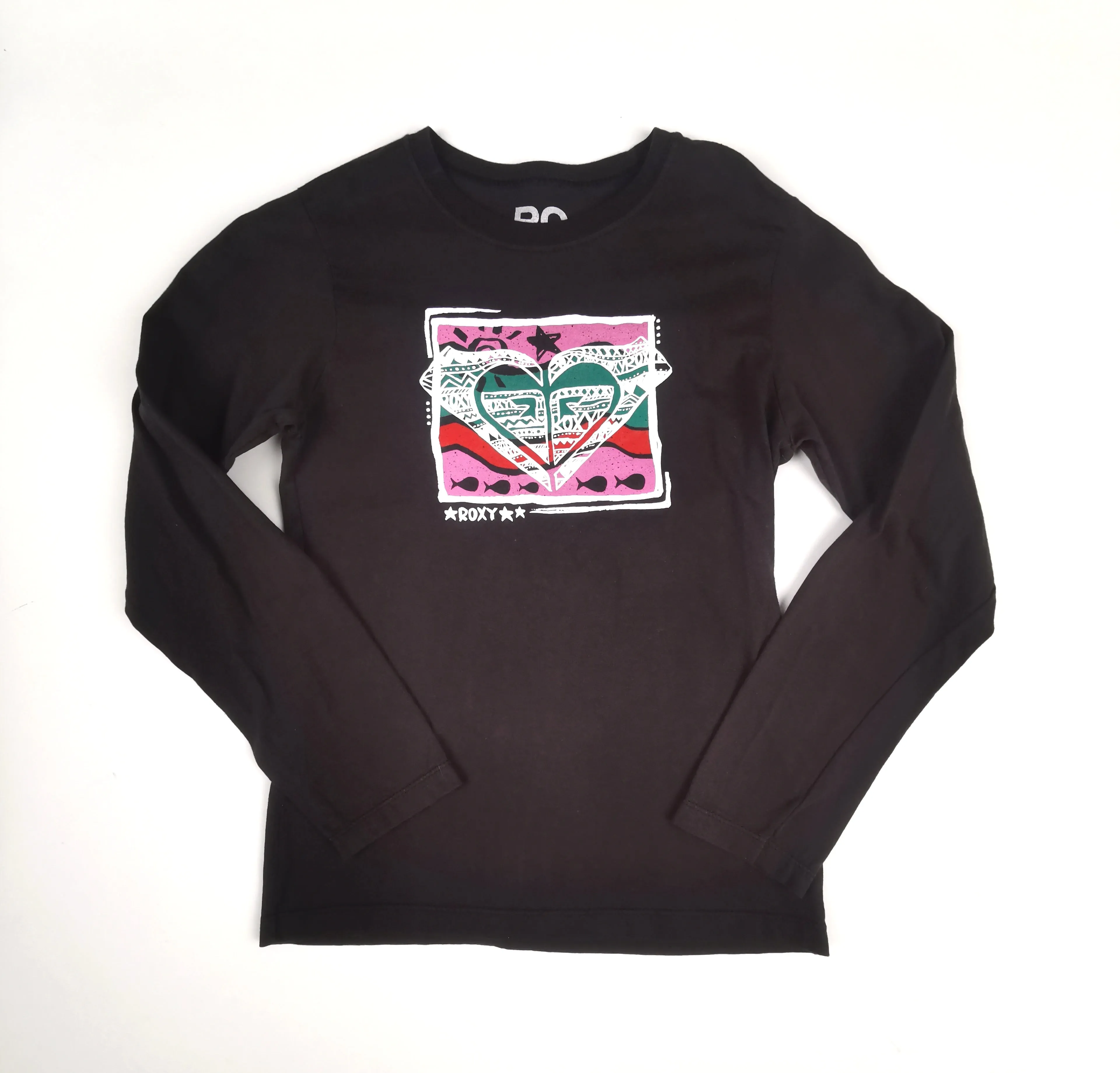 GIRL SIZE LARGE (10/12 YEARS) - ROXY, Long-sleeve Black T-shirt VGUC B42