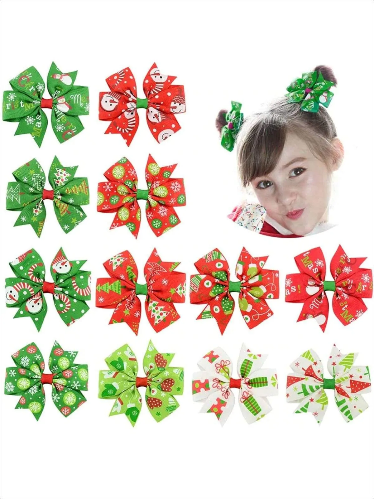 Girls 3" Dovetail Christmas Ribbon Hair Clip (12 PC Set)
