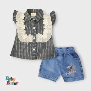 Girls' Elegant Black Striped Top & Denim Shorts Set – Floral Lace Detail