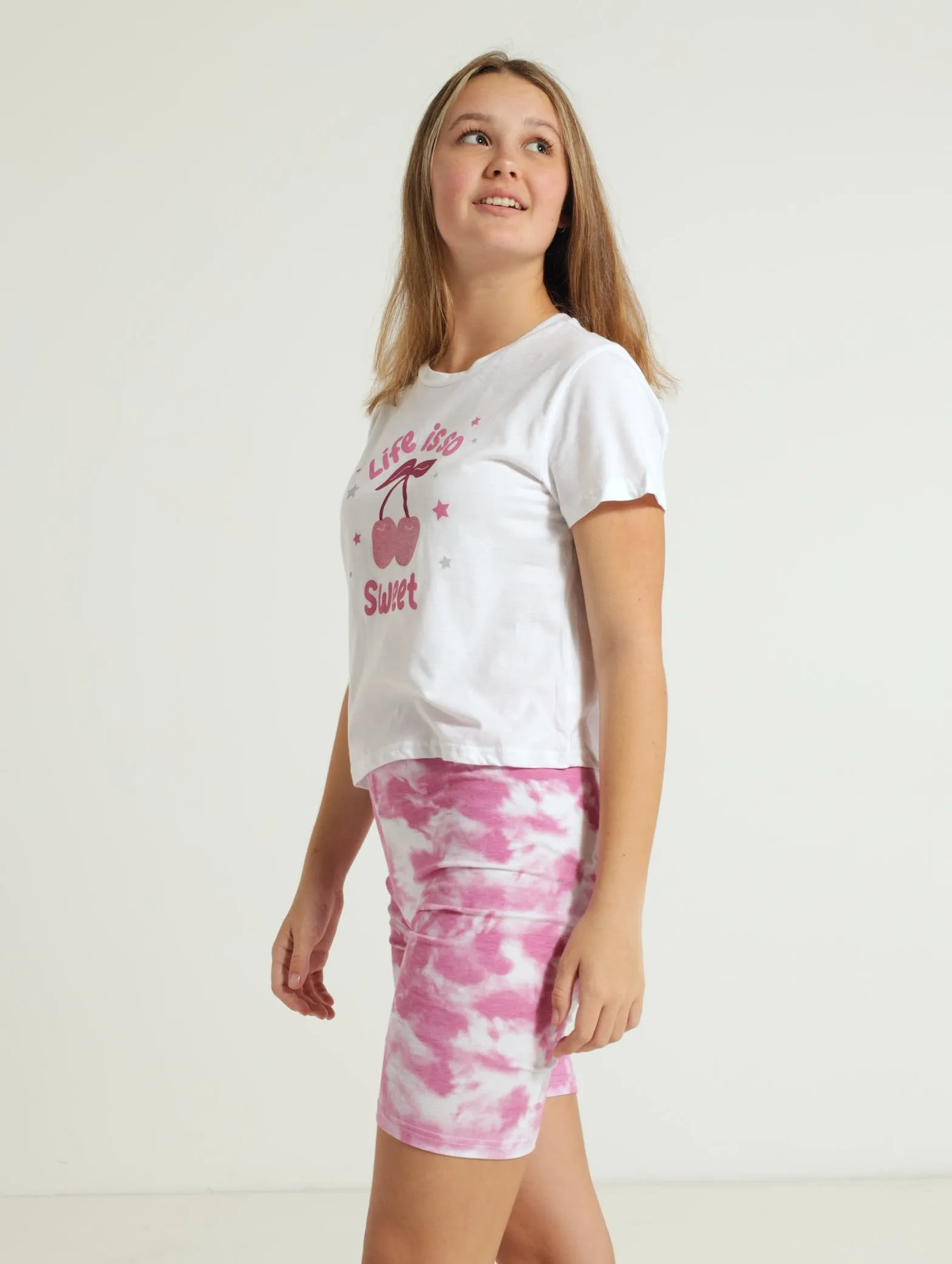 Girls Tie Dye Boxy Top & Cycle Shorts - White