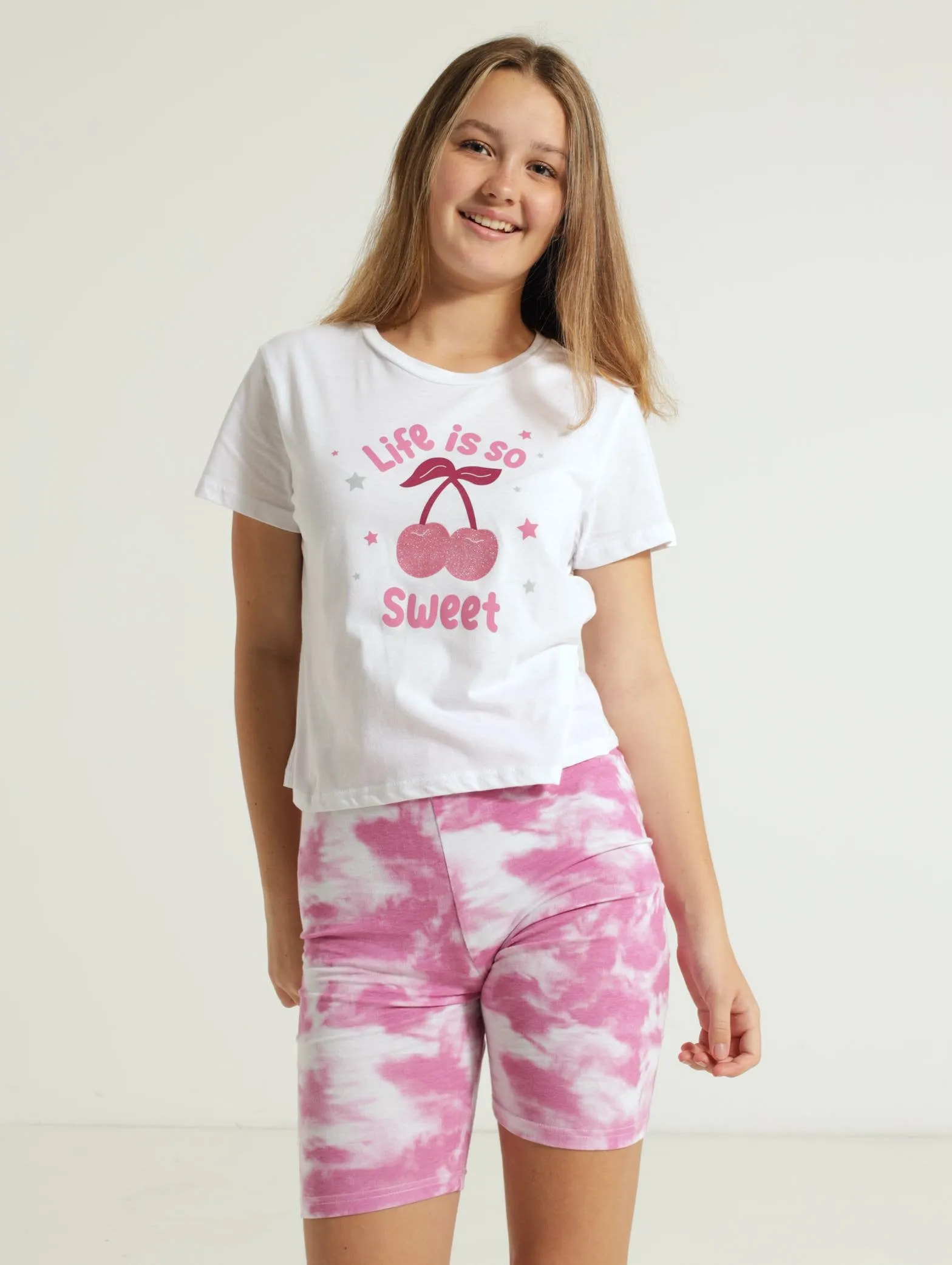 Girls Tie Dye Boxy Top & Cycle Shorts - White