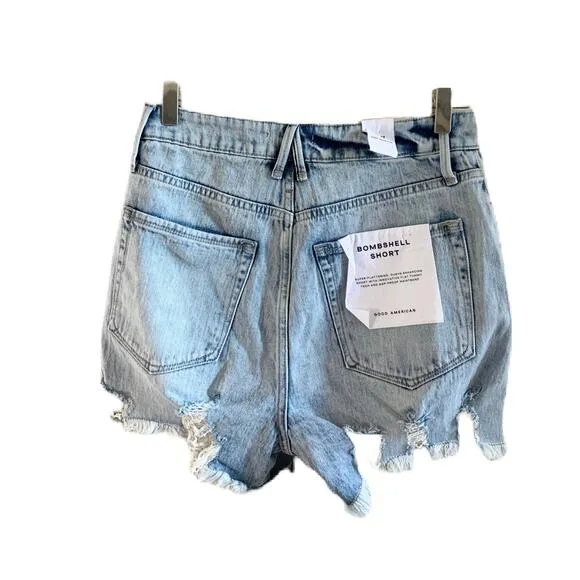 Good American Bombshell Shorts Distressed Cut Off in Blue Size 4/27 NWT
