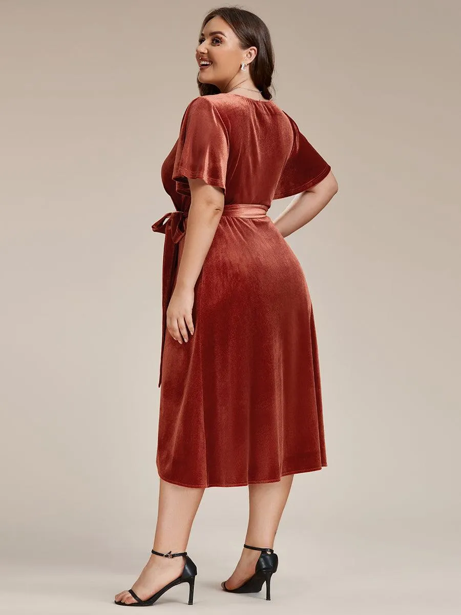 Grande taille Robe d'invité de mariage mi-longue en velours type une pièce manches courtes col en V