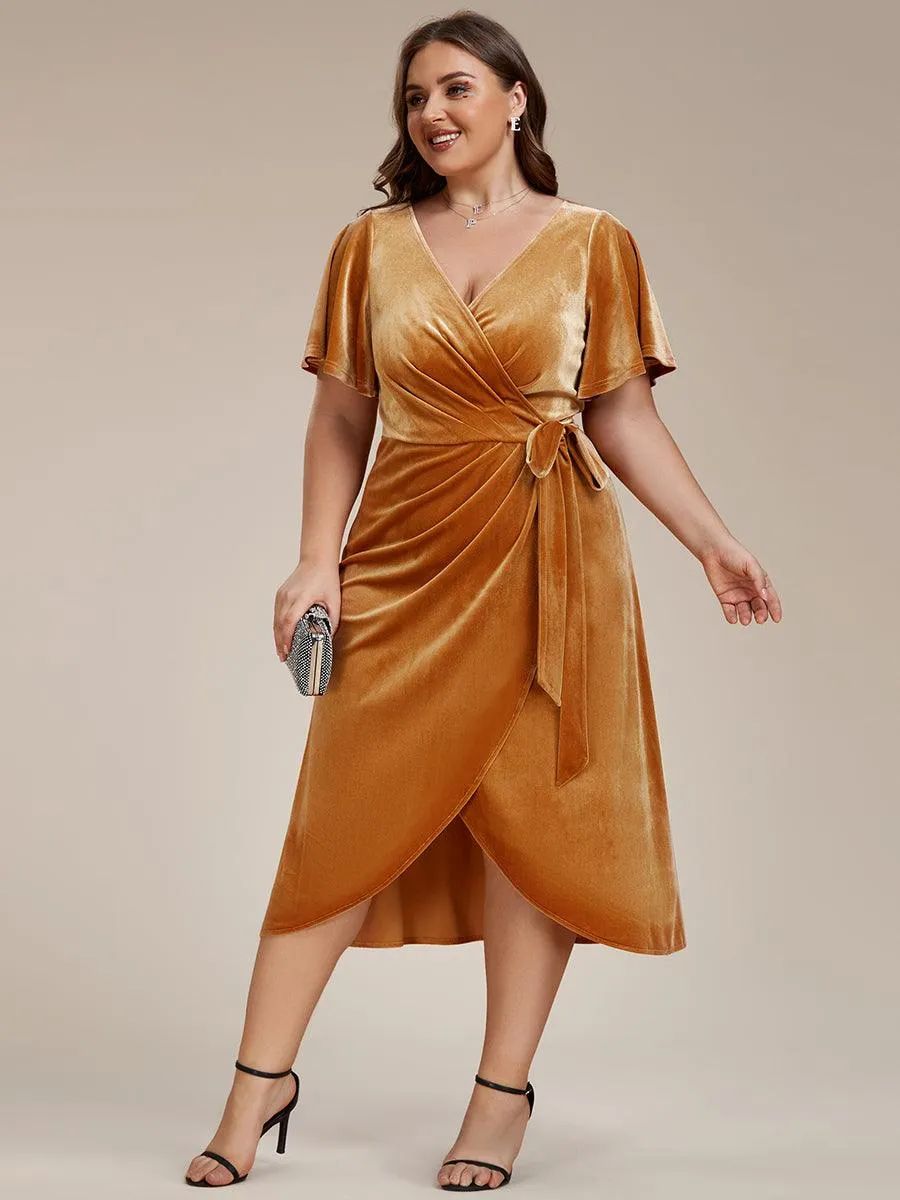 Grande taille Robe d'invité de mariage mi-longue en velours type une pièce manches courtes col en V