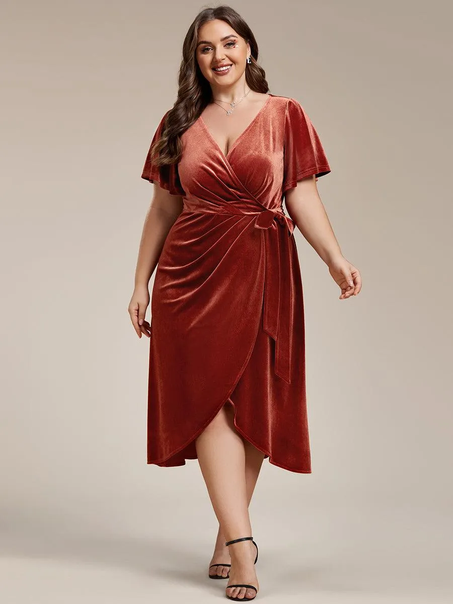 Grande taille Robe d'invité de mariage mi-longue en velours type une pièce manches courtes col en V