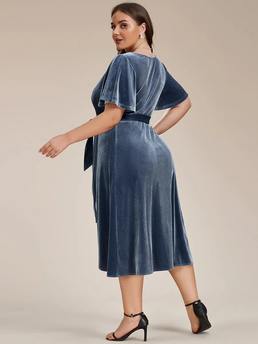 Grande taille Robe d'invité de mariage mi-longue en velours type une pièce manches courtes col en V