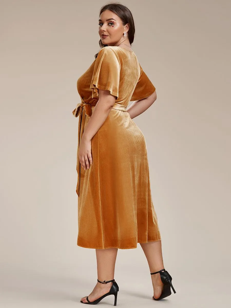 Grande taille Robe d'invité de mariage mi-longue en velours type une pièce manches courtes col en V