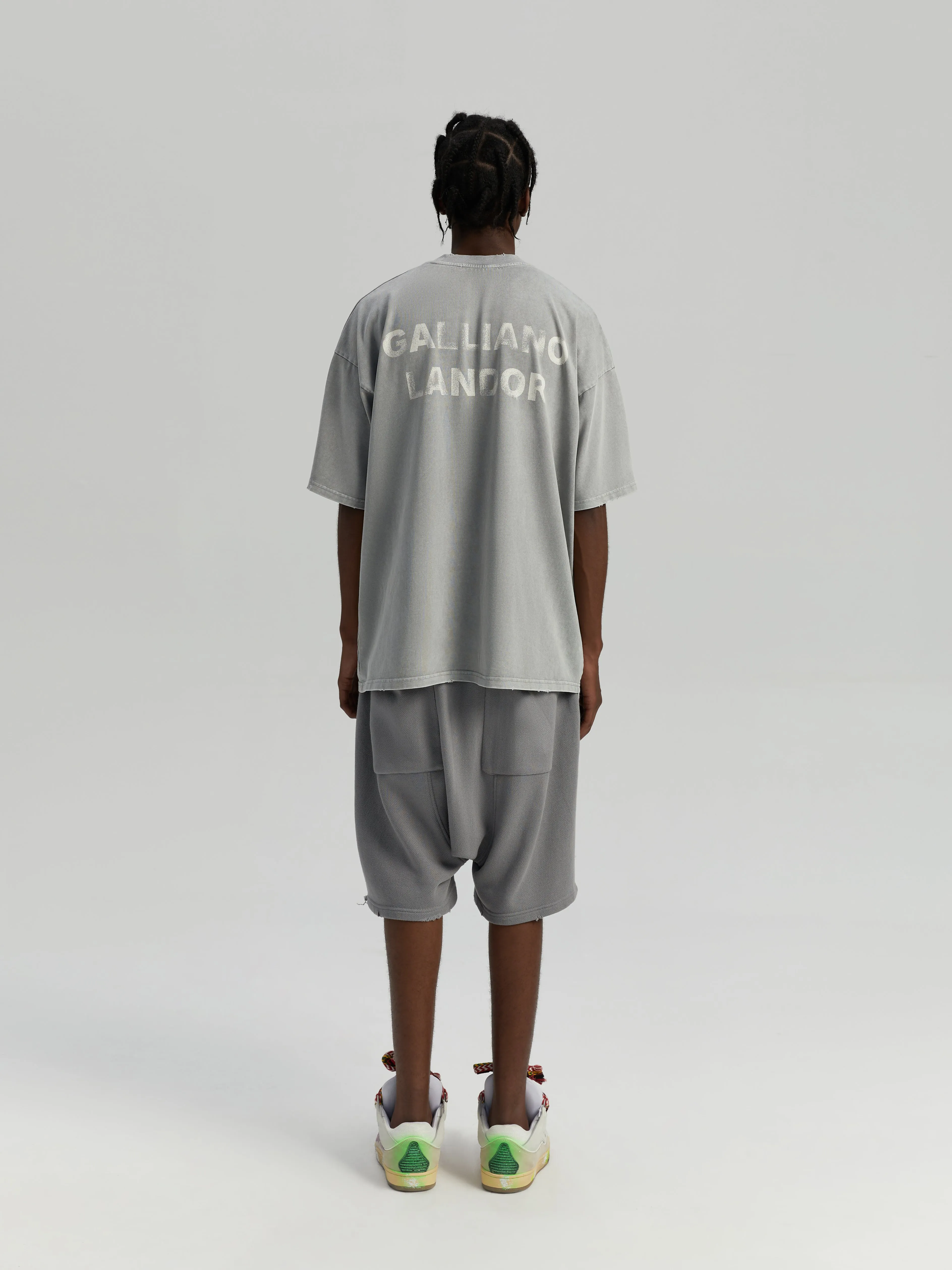 Gray experimental stonewash style logo shorts